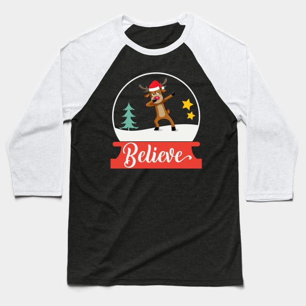 Funny Dabbing Reindeer Dab Rudolph Believe Snow Globe Christmas Gifts For Men Women and Kids Baseball T-Shirt by BadDesignCo